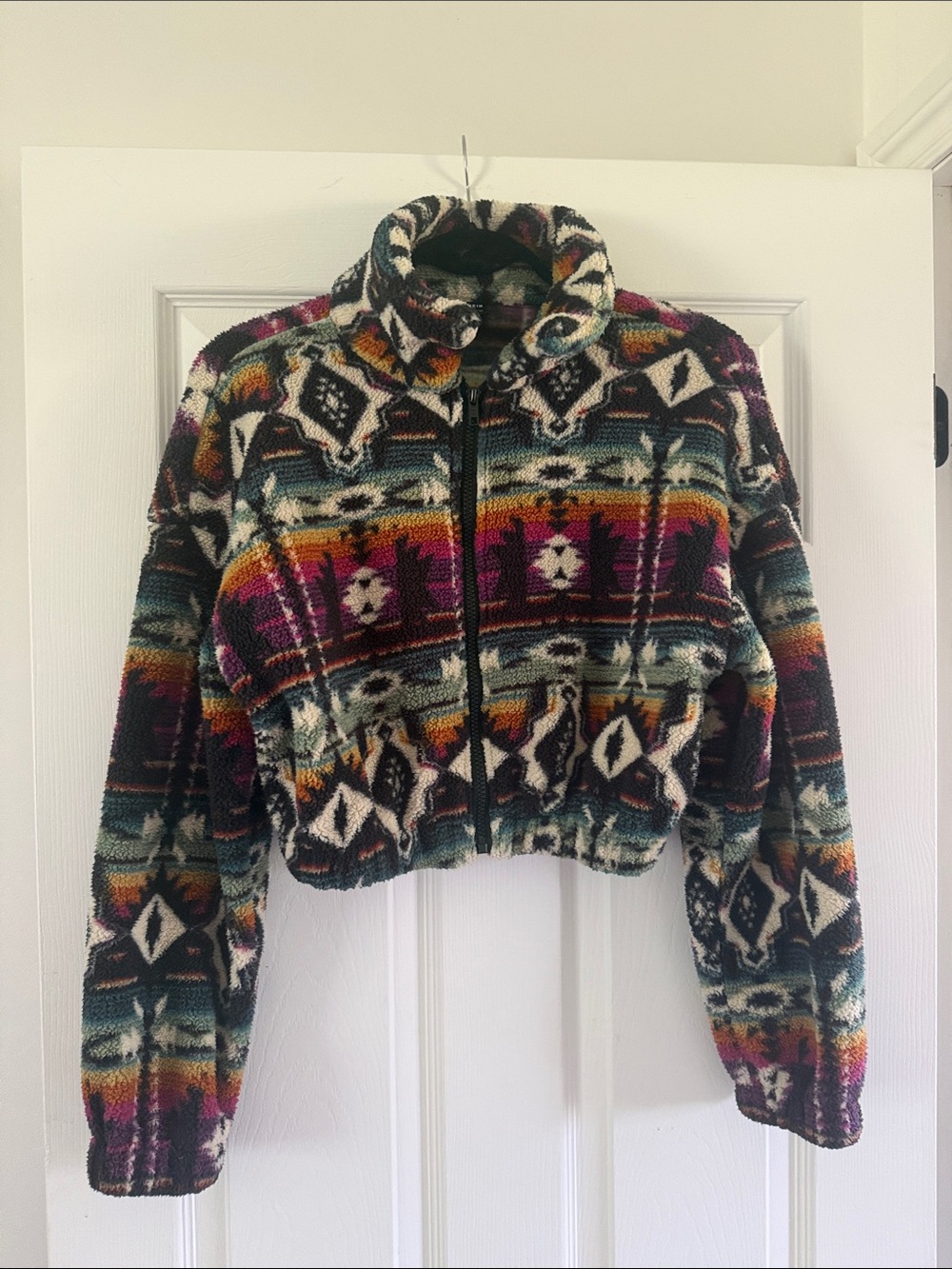SHEIN Multicolor Aztec Cropped Teddy Jacket